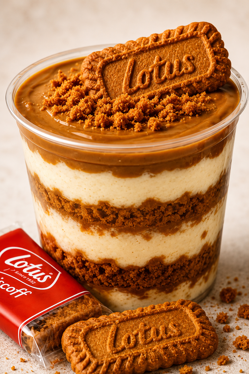 Biscoff cheesecake cup with caramel drizzle