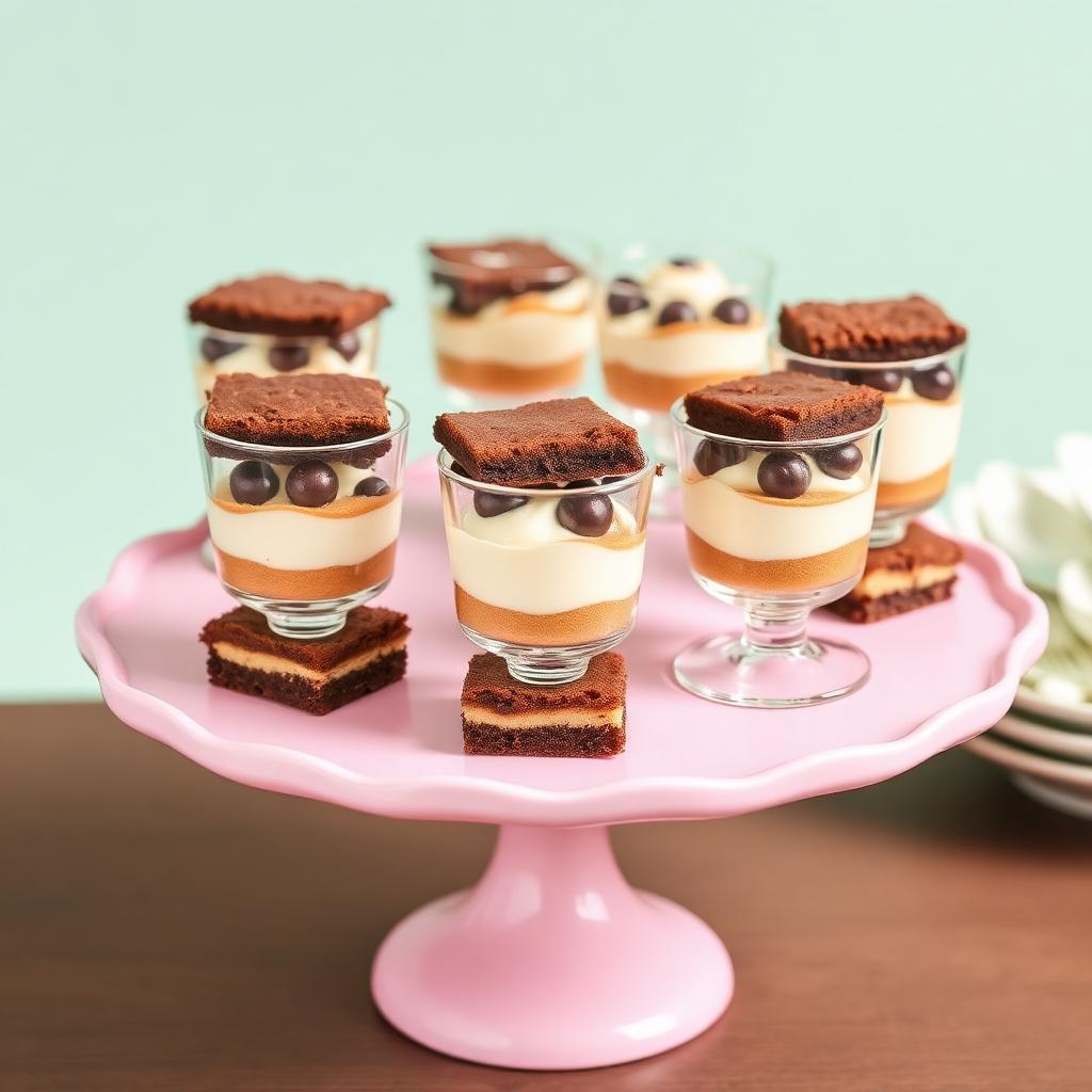Pink cake stand with mini brownies and tiramisu cups